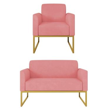 Imagem de Kit Namoradeira e 1 Poltrona Decorativa Base Industrial Dourada Maressa S17 Suede Rosê - Ibiza