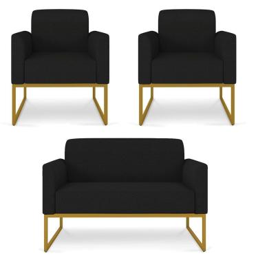 Imagem de Kit Namoradeira e 2 Poltronas Decorativas Base Industrial Dourada Maressa A79 Linho Preto - Ibiza