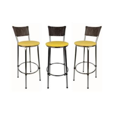 Imagem de KIT 3 Banquetas Alta Cromada Junco CAFÉ Cozinha Balcão Bancada - ESPAÇ