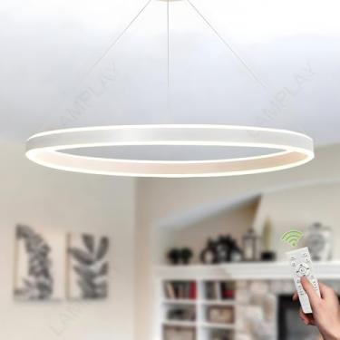 Imagem de Lustre redondo de LED com regulagem de altura, luminária pendente branca com anel e controle remoto, 3000K 6000K, ideal para hall de entrada, sala de estar, sala de jantar, cozinha e ilha (Ø