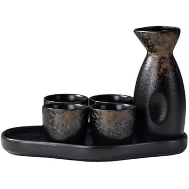 Imagem de JOEUQK Presente para copo de cerveja, conjunto de saquê tradicional, conjunto de saquê de cerâmica, porcelana tradicional japonesa cerâmica quente saki, 6 peças incluem 1 garrafa de saquê, 1 bandeja 4