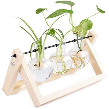 Imagem de Vaso de lâmpada de cor de madeira com suporte de madeira vintage, conjunto de decoração exclusivo vintage para plantas hidropônicas, decoração para casa, interior e exterior