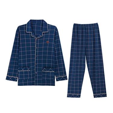 Imagem de ifgswopq Conjunto de pijama masculino de manga comprida com botões xadrez, macio, casual, loungewear para homens (1910 3X)
