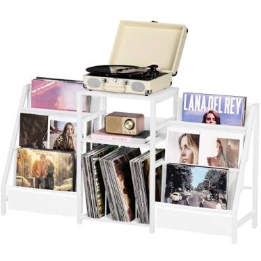 Imagem de Mesa de canto de 3 níveis, suporte para toca-discos com armazenamento de até 100 álbuns, suporte de toca-discos para vinil, prateleira marrom para sala de estar e quarto (branco moderno)
