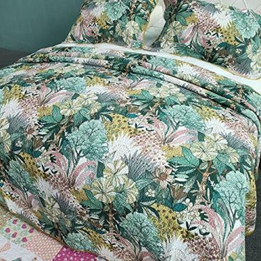 Imagem de Conjunto de colcha de cama acolchoada de algodão floral boêmio, tamanho queen, leve, 1 colcha e 2 fronhas (amarelo, Queen) (flor 801 cm x 248 cm)