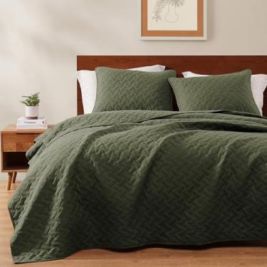 Imagem de WRENSONGE Conjunto de colcha Queen - 3 peças de colcha verde oliva tamanho Queen para todas as estações, cobertor macio de verão com 2 fronhas, adequado para cama, sofá, cobertor de colcha