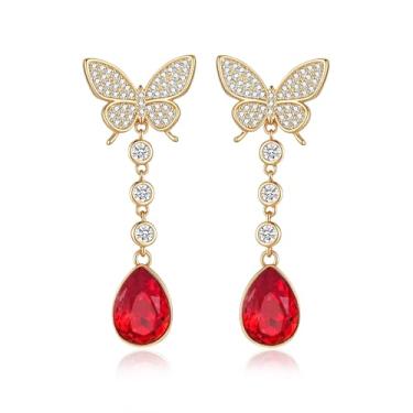 Imagem de EVEVIC Brincos femininos com pingente de borboleta de gota de cristal austríaco banhado a ouro 14 K, joias hipoalergênicas, presentes, Medium, Latão Cristal, Cristal