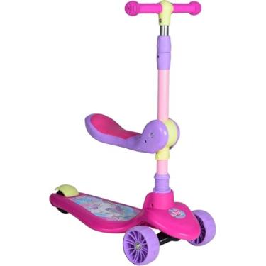 Imagem de Patinete Infantil 2 em 1 com Assento Removível, Até 50Kg, 3 Rodas, Design Unicórnio, Rosa e Lilás, Ajustável para Crianças, Guidão Reforçado