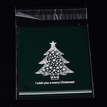 Imagem de 95 peças, saco de celofane de Natal, 14 x 10 cm, verde escuro, padrão de árvore de Natal, embalagem de armazenamento de presente, bolsa autoadesiva, suprimentos de Natal, lembrancinhas de festa