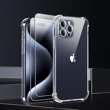 Imagem de Capa de celular para iPhone 15 Pro Max [proteção da câmera] com 2 protetores de tela, compatível com MagSafe, capa de proteção de nível militar - transparente