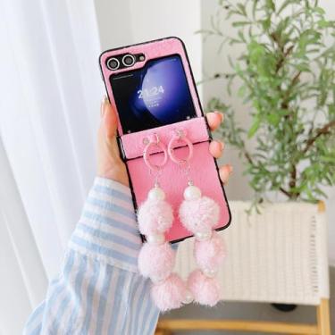 Imagem de Capa para Samsung Galaxy Z Flip6 com alça de pulso de couro sintético com pérolas fofas e proteção de dobradiça, capa à prova de choque (para Samsung Galaxy Z Flip6/rosa)
