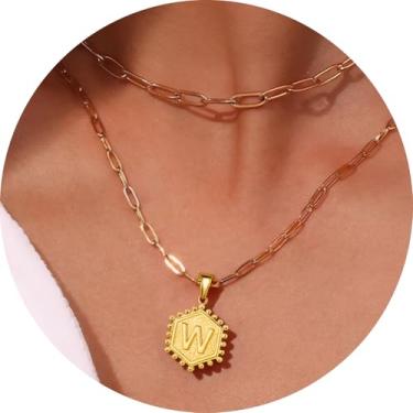 Imagem de Colar personalizado com pingente de letra A-Z, design hexagonal de corrente de camada dupla, joia minimalista de aço inoxidável para mulheres, F, Aço inoxidável, Sem Pedra Preciosa