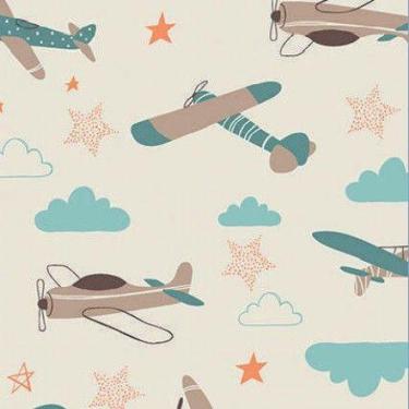 Imagem de Tecido Tricoline Aviões e Nuvens Verde - Ibirapuera - 50 x 150 cm - Id