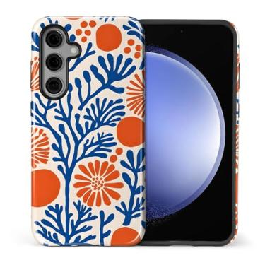 Imagem de Capa compatível com Samsung Galaxy S24, capa rígida híbrida de policarbonato de 2 camadas + capa protetora de silicone, capa botânica à prova de choque resistente a arranhões azul e laranja para