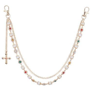 Imagem de GORGECRAFT 1 caixa de corrente com cruz em camadas, pérolas de plástico branco, flor de strass colorido, camada dupla, vintage, gótico, punk, prata, calças de liga, cinto, correntes para jeans