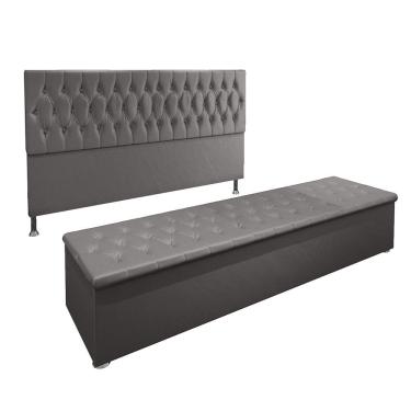 Imagem de Conjunto Cabeceira Casal e Recamier Baú 1,95m Suede Cinza
