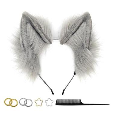 Imagem de Bandana GaliaFaya Cat Wolf Ears feita à mão com pele sintética cinza