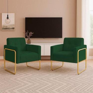 Imagem de Poltrona Sala Industrial Alta Tubo Dourado Kit 2 Elisa Veludo Verde D0