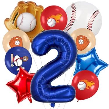 Imagem de Zailo Número de balões grandes com tema de beisebol de 81 cm, números de 0 a 9, suprimentos para aniversários, azul marinho, vermelho e branco, artigos para festas esportivas, conjunto de arco