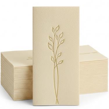 Imagem de Pacote com 50 guardanapos bege de papel descartáveis toalhas de mão de linho folhas douradas papel decorativo jantar guardanapo de mão para banheiro chá de bebê suprimentos de festa decoração de mesa