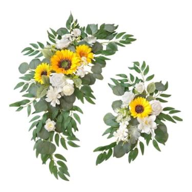 Imagem de Nishiyuenyi 2 peças de flores de arco de casamento, guirlanda floral artificial decorativa, lintel de porta, folhas verdes para vegetação, janela de cerimônia em, Girassol