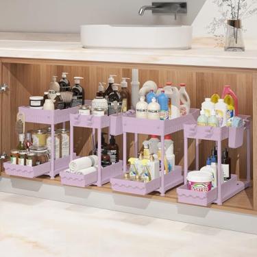 Imagem de Sevenblue Organizador embaixo da pia, organizador de armário multiuso de 2 camadas com ganchos e copos para pendurar (rosa, pacote com 4)