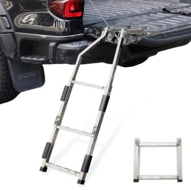 Imagem de Escada de porta traseira dobrável para caminhonete, universal de 94 a 114 cm de altura ajustável com pedal antiderrapante, escada de caminhão de aço inoxidável para Ford Dodge Ram Hilux Chevy GMC