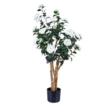 Imagem de Camélia de árvores artificiais realistas com troncos de madeira natural, rosa sintética de seda perene com flores de seda, decoração interna para sala de estar, varanda, escritório (branco, 1,2 m x 1)