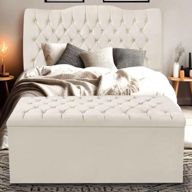 Imagem de Kit Cabeceira E Calçadeira Baú Dunas Casal 140 Cm - Veludo Bege Claro