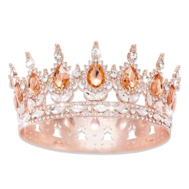 Imagem de Coroa de rainha com strass, coroas e tiaras de casamento para mulheres, acessórios de cabelo para festa de fantasia, coroa de aniversário de princesa, coroa de cristal (coroa de ouro rosa - âmbar),