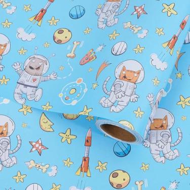 Imagem de RayofSun Rolo de papel de embrulho Space Dog - Mini rolo de 43 cm x 80 m, azul engraçado astronauta cão gato céu estrelado foguete embrulho de presente de aniversário para crianças, meninos, meninas