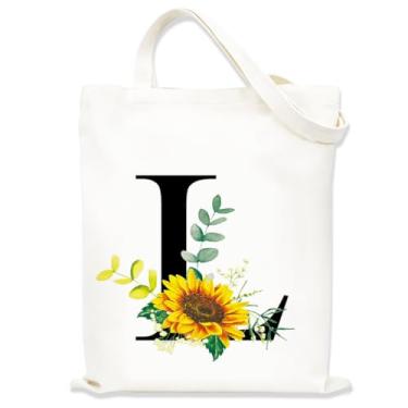 Imagem de Sacolas de lona estampadas para mulheres, sacolas de compras de lona, sacola de compras reutilizável para viagens, compras, trabalho, academia - Letra L