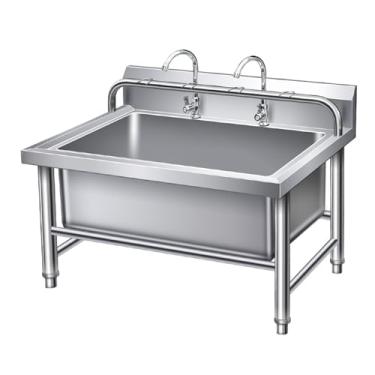 Imagem de TRGCJGH Pia de esfregão de piso comercial, pia utilitária de aço inoxidável com ganchos de vassoura de esfregão para lavanderia, garagem, porão, jardim (120 x 60 cm/47,2 x 23,15 cm, A)