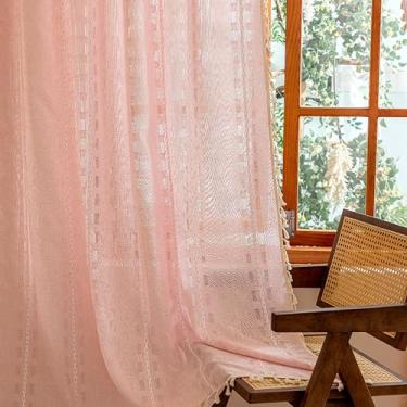 Imagem de Cortinas semitransparentes boho rosa com 160 cm de comprimento, conjunto de 2 painéis para quarto e fazenda, cortinas de privacidade com filtragem de luz boêmia, borlas bege, bordadas, chiques