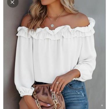 Imagem de Blusa feminina Cropped ciganinha manga longa com babadinhos no ombro -