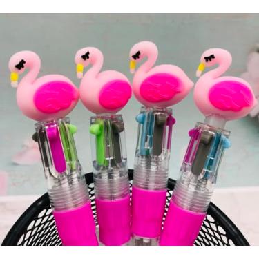 Imagem de 24 canetas esferográficas fofas mini flamingo multicoloridas em uma 4 em 1 para crianças, canetas esferográficas kawaii, tinta sortida, presente de aniversário, presente de estudante, material escolar
