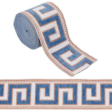 Imagem de OLYCRAFT Cortina bordada de 4,37 metros com acabamento de 9,5 cm de largura, fita jacquard de poliéster, fitas de jacquard geométricas, azul, ótimo acabamento de cortina de grade de parede para