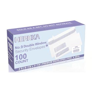 Imagem de Envelopes de segurança de janela dupla nº 9, envelopes comerciais de janela dupla HERKKA nº 9 projetados para faturas Quickbooks e declarações comerciais, pacote com 100