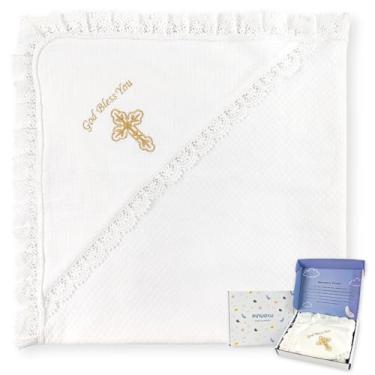 Imagem de Pinuotu Cobertor de batizado de algodão acolchoado de luxo com renda e capuz - Cobertor elegante para batismo de bebê 80 x 100 cm, caixa de presente com laço de fita, perfeito para fotos e lembranças
