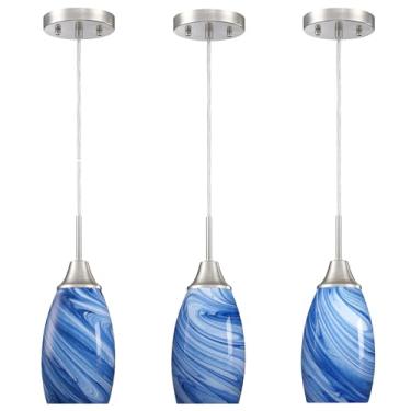 Imagem de Viinew Luminária pendente de vidro com luz de teto de mármore azul escuro soprada à mão, pacote com 3, mini luminária suspensa para ilha de cozinha, sala de jantar, sala de estar, hall de entrada