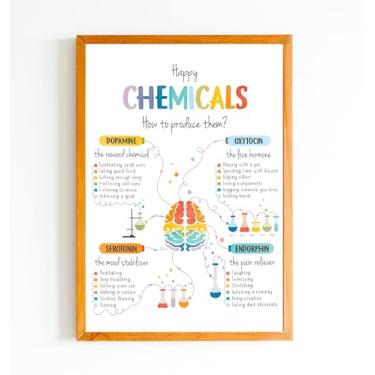 Imagem de TINAZG QWIE Pôster Happy Chemicals, arte de parede do sistema de recompensa cerebral 20 x 25 cm, decoração de sala de aula de saúde mental, gráfico de endorfina de serotonina dopamina, oxitocina