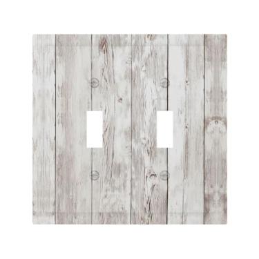 Imagem de Tulpock Capa de interruptor de luz de cabine de madeira branca e cinza rústica decorativa campestre de madeira cinza 2 gangues placa de parede com interruptor duplo para banheiro, cozinha, casa, 12,7