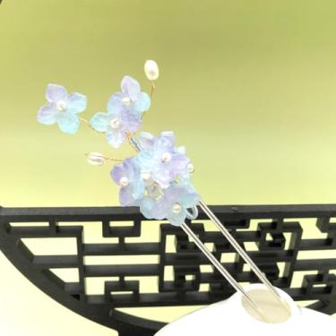 Imagem de 1 grampo de cabelo de lótus preto Cayyoomm com flores silvestres azuis - bastão de cabelo de filosofia zen chinesa, acessório de cabelo gótico Hanfu para mulheres (roxo gradiente)