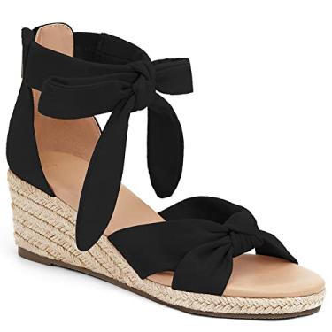 Imagem de LAICIGO Sandália feminina de alpargatas com fecho de zíper nas costas, plataforma aberta, tira no tornozelo, sapatos sociais de verão com laço, Preto, 41