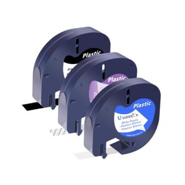 Imagem de USUPERINK Pacote com 3 fitas de plástico para etiqueta de letra preta em branco/transparente, branco sobre preto, compatível com refis de máquina de etiquetas Dymo 12 mm x 4 m para refis de etiqueta