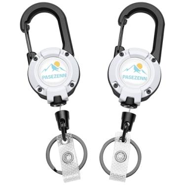 Imagem de pasezenn Chaveiro retrátil resistente, cordão de aço inoxidável de 70 cm, suporte de crachá retrátil, mosquetão para trabalho, branco ao ar livre, pacote com 2