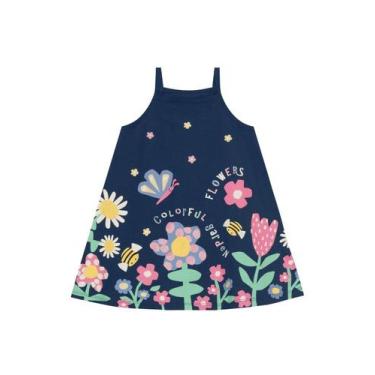 Imagem de Vestido infantil menina de flores coloridas Brandili -Azul, 2, Azul