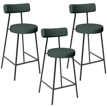 Imagem de Kit 03 Banquetas Baixa Para Cozinha Sala De Jantar Bancada Milão L02 Linho Verde Musgo - Lyam Decor