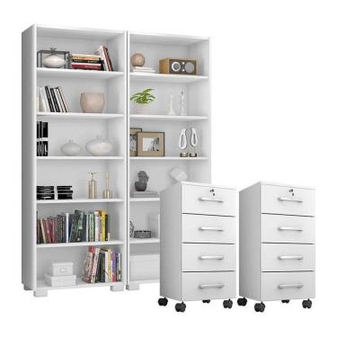 Imagem de Kit 2 Gaveteiros Para Escritório Gávea Com Chave E 2 Livreiros Office Branco Fosco - Móveis Leão