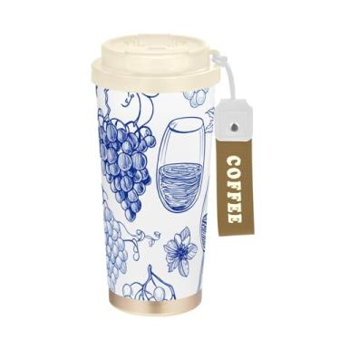 Imagem de TSENQUE Caneca de café de viagem 40 ml com canudo e tampa, copo de café de aço inoxidável à prova de vazamento para escritório, escola, festa, acampamento, uva, vinho, fruta azul